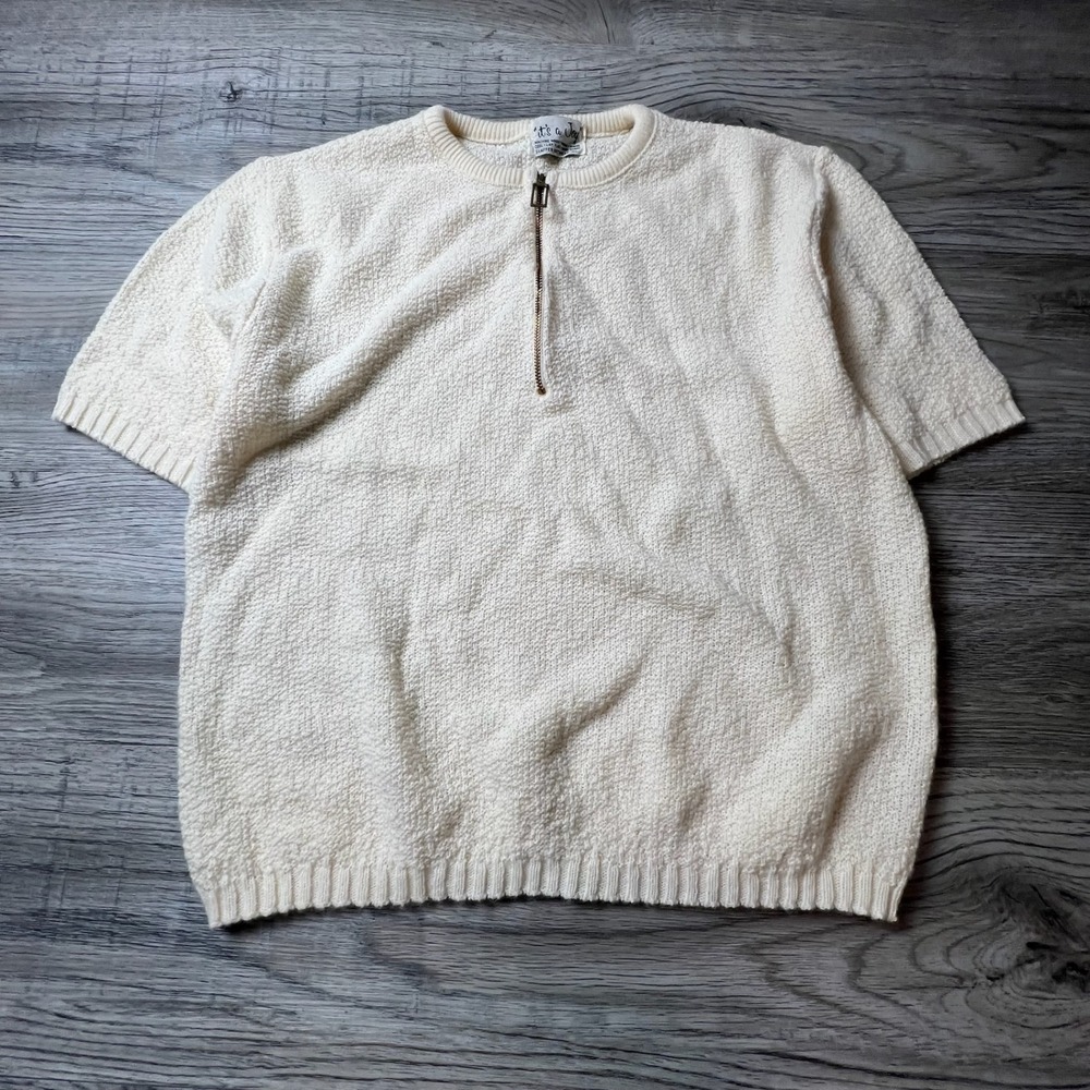 It's a Joy Sweater‎ Womens L Cream Short Sleeve Quarter Zip Boucle Vintage Knit